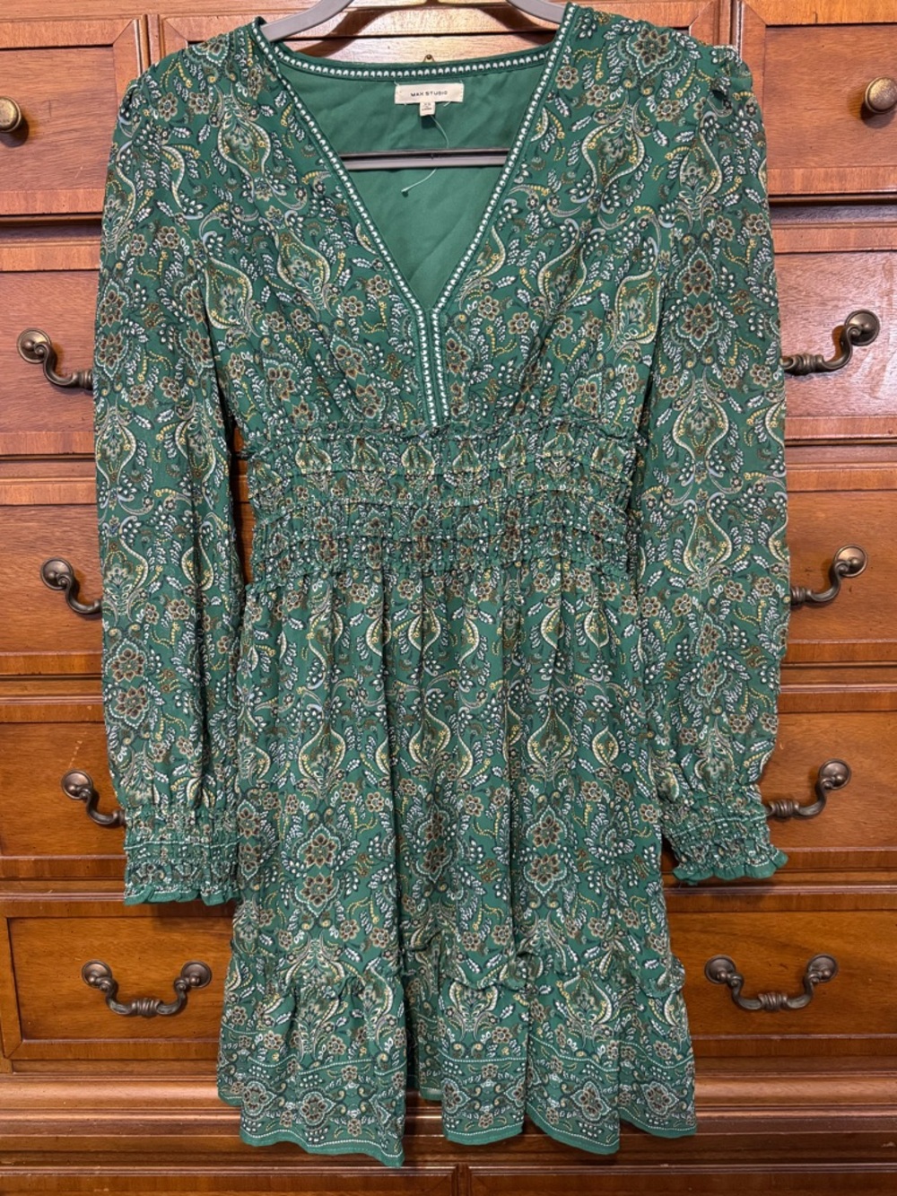 Green Paisley Smocked Mini Dress Boho Long Sleeve Romantic Cottage Max Studio XS